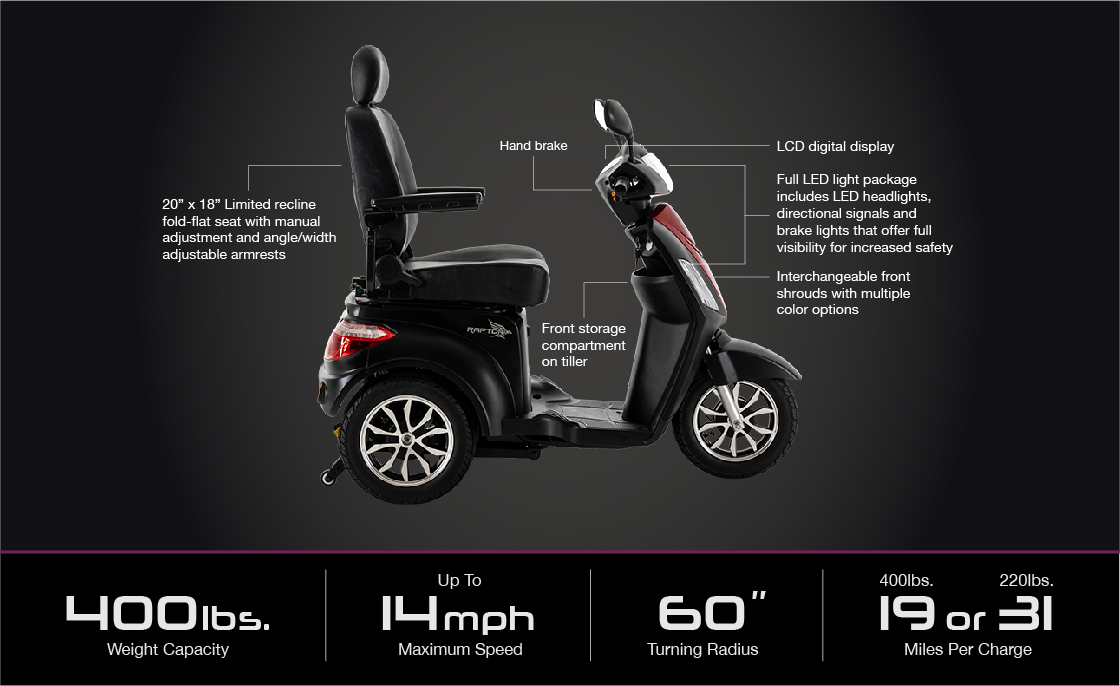 black raptor 3 wheel scooter specifications image